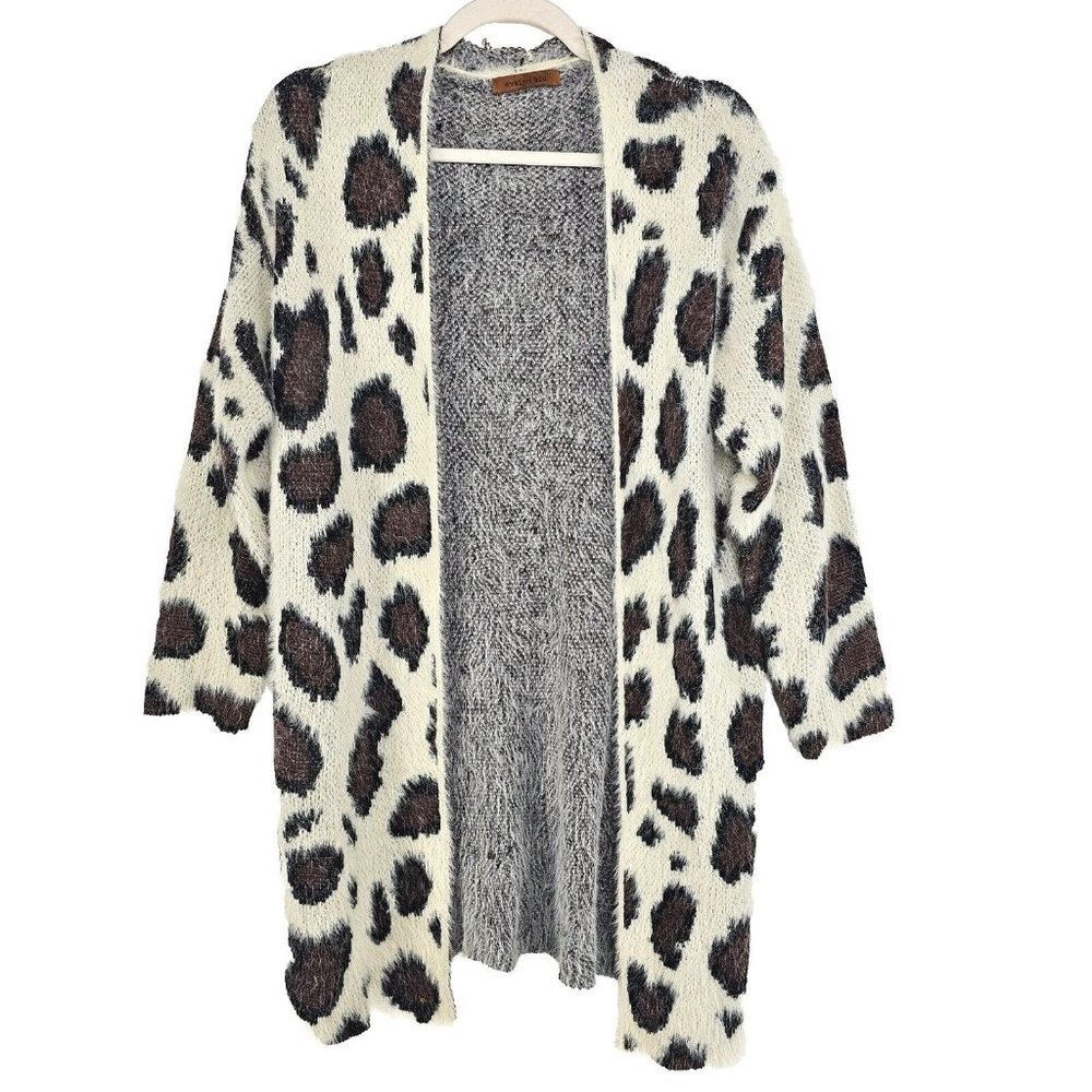 Evelyn Blu Womens Fuzzy Animal Print Open Front Cardigan Sweater Size Small